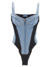 MUGLER DENIM BODYSUIT FEATURING STRETCH INSERTS