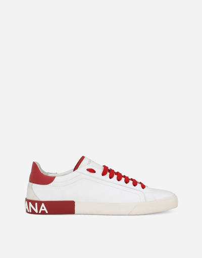 Dolce & Gabbana Portofino White And Red Low Top Sneakers With Logo Patch In Leather Man In Multicolor