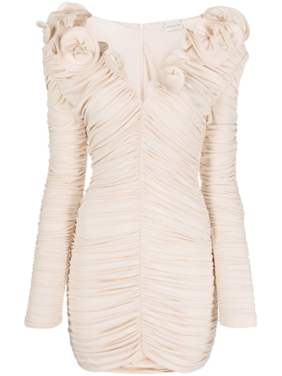 Magda Butrym Long-sleeve Ruched Silk Minidress In Neutrals