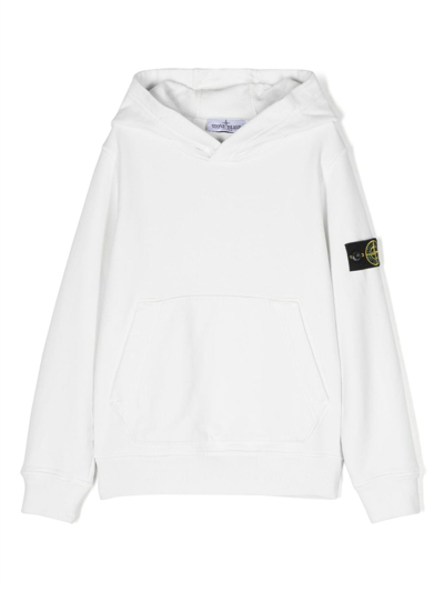 Stone Island Junior Compass-badge Cotton Hoodie In Weiss