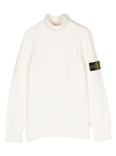 Stone Island Kids' Compass-badge Roll-neck Jumper In Weiss