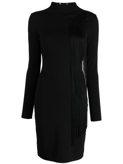 Stella Mccartney Asymmetric Fringed Knitted Dress In Black