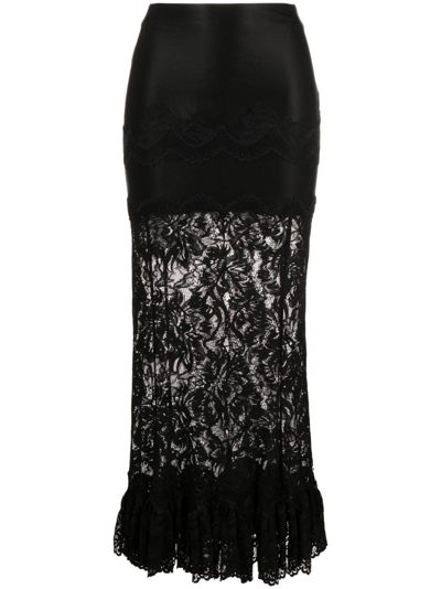 Paco Rabanne Stretch Lace High Rise Long Skirt In Black  