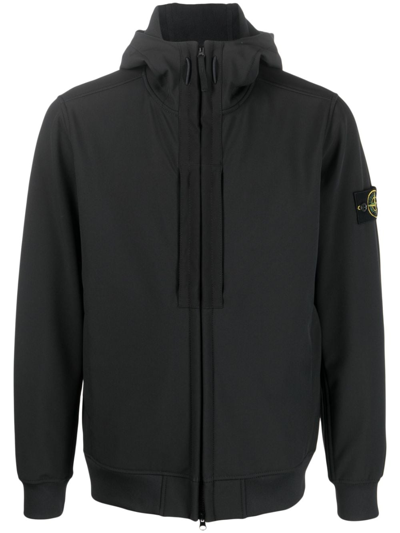 Stone Island Compass-patch Zip-up Hooded Jacket In Black