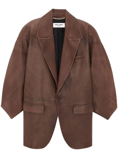 Saint Laurent Oversized Leather Blazer In Brown