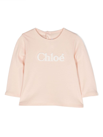 Chloé Babies' Logo-embossed Long-sleeve T-shirt In Pink