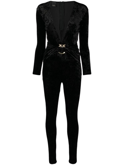 Pinko Love Birds-plaque Velvet Jumpsuit In Noir Limousine