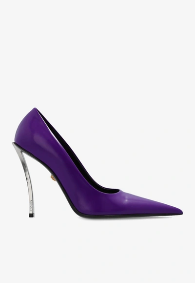 Versace Polished-finish Pointed-toe Pumps In Purple