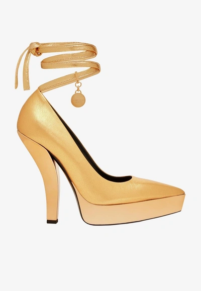 Tom Ford Metallic Leather Platform Pumps In Gold