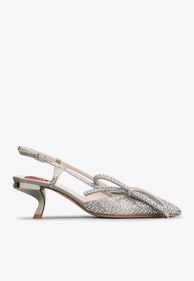Roger Vivier 55mm Virgule Strass Slingback Pumps With Bow In Silver
