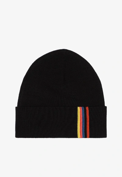 Paul Smith Stripe-detail Wool Beanie In Black