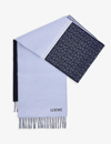 LOEWE LOEWE WOMEN'S LIGHT BLUE/NAVY BLUE LOGO-EMBROIDERED WOOL AND CASHMERE-BLEND SCARF,68329410