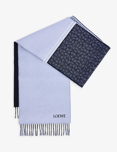 Loewe Women's Light Blue/navy Blue Logo-embroidered Wool And Cashmere-blend Scarf