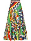 Dolce & Gabbana Long Carretto-print Poplin Skirt With Ruffles In Green
