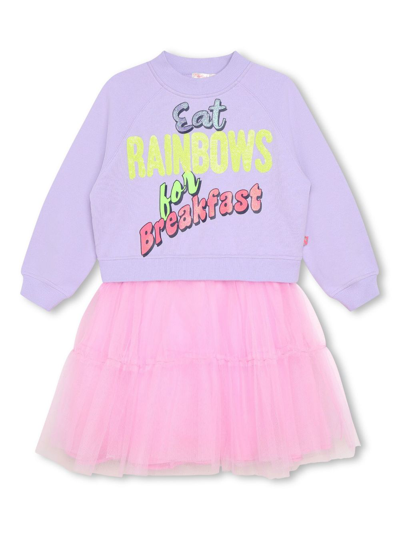 Billieblush Kids' Text-print Tulle-panels Dress In Lilla