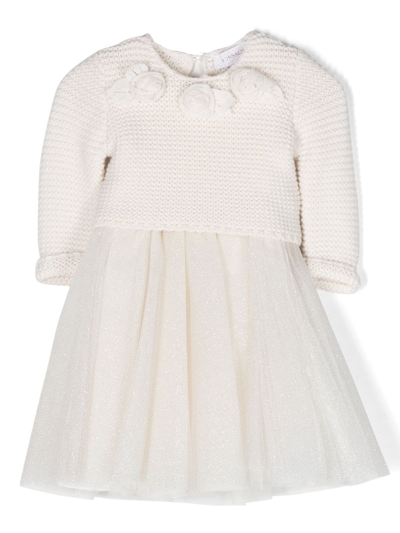 Monnalisa Babies' Floral-appliqué Glitter-detail Dress In White