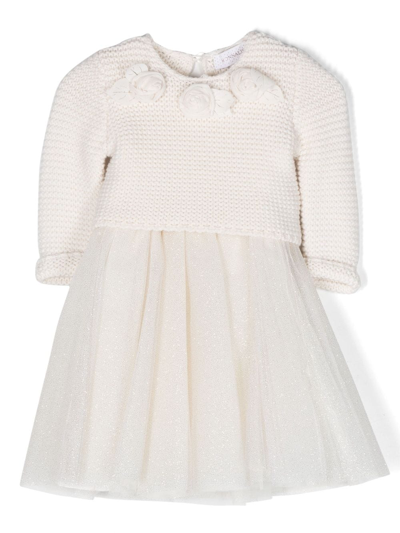 Monnalisa Babies' Floral-appliqué Glitter-detail Dress In Neutrals