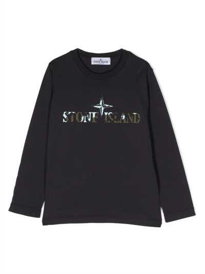 Stone Island Junior Kids' Logo-print Long-sleeve T-shirt In Black