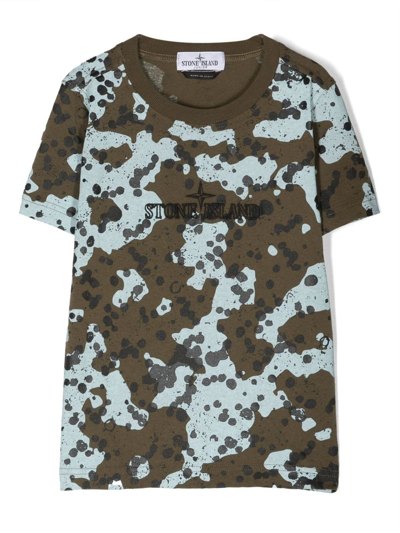 Stone Island Kids' Camouflage-print Logo-embroidered T-shirt In Green