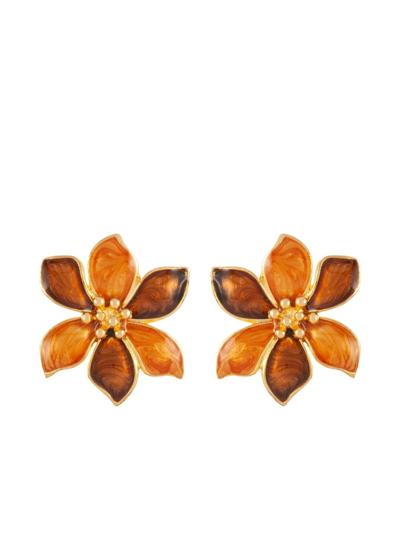 Pre-owned Susan Caplan Vintage 1980s Vintage Enamel Flower Clip-on Earrings In Gold