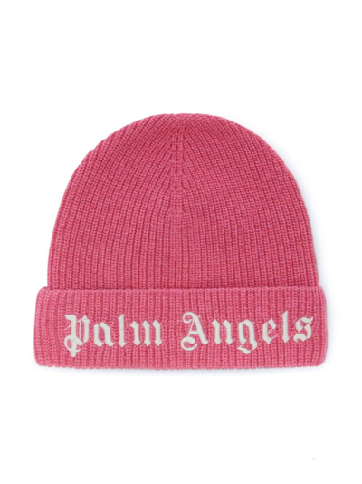 Palm Angels Kids' Logo-embroidered Ribbed-knit Beanie In Pink