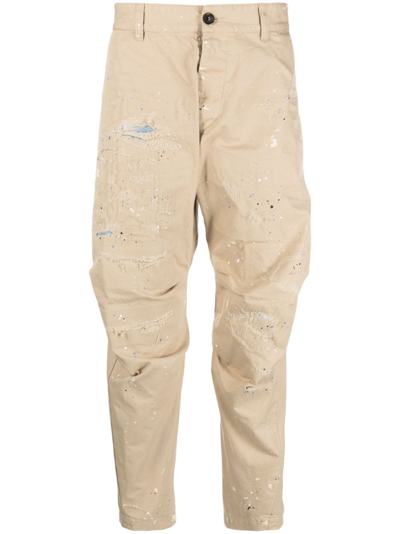 Dsquared2 Distressed-effect Cotton Cropped Trousers In Neutrals