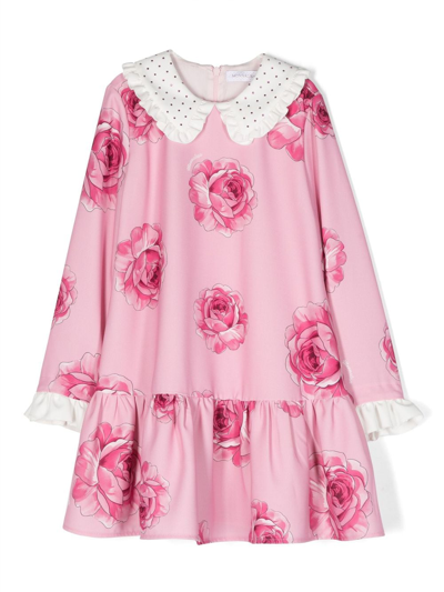 Monnalisa Kids' Rose-print Tiered-skirt Dress In Pink