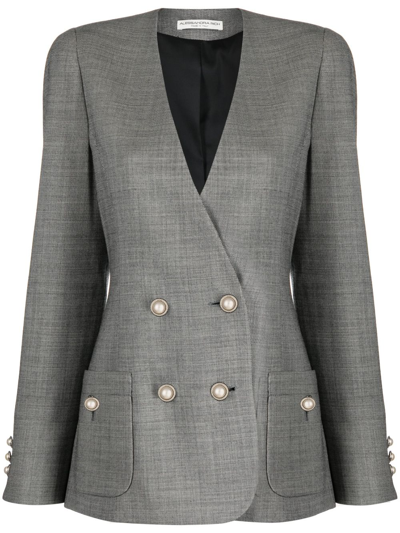 Alessandra Rich Collarless Double-breasted Virgin-wool Blazer In Grey