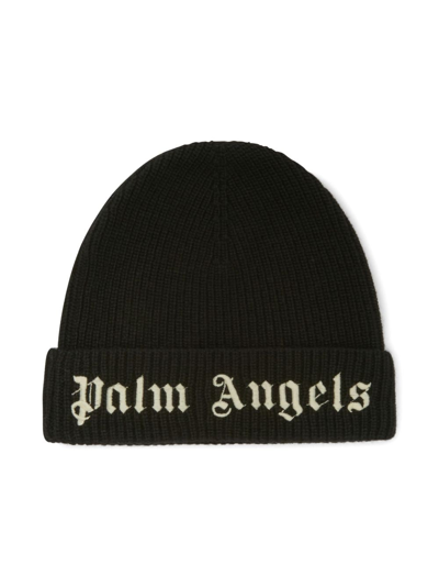 Palm Angels Kids' Logo-embroidered Knitted Beanie In Black