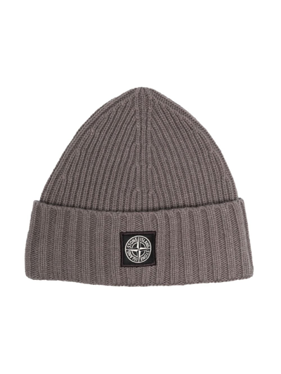 Stone Island Junior Kids' Compass-motif Knit Beanie In Grey