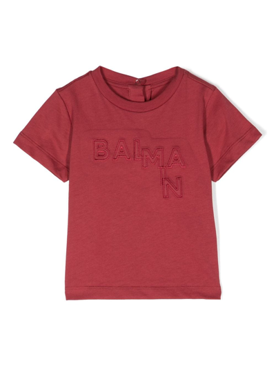 Balmain Babies' Logo-embroidered Cotton T-shirt In Red