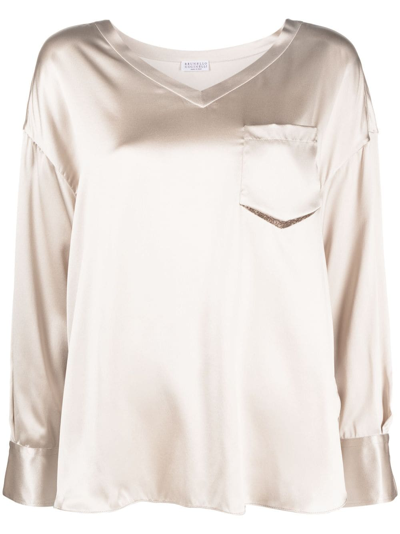 Brunello Cucinelli Monili Bead-embellished Silk-blend Blouse In Neutrals