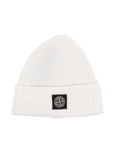 Stone Island Junior Kids' Logo-patch Fine-knit Beanie In White