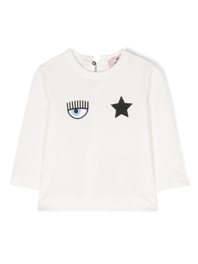 Chiara Ferragni Babies' Long-sleeved Eye Motif T-shirt In Bianca