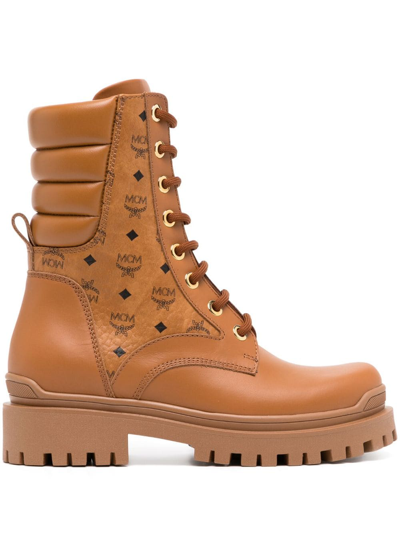 Mcm Women's Visetos Monogram Combat Booties In Cognac