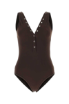 Bottega Veneta Backless V-neck Swimsuit In Stretch Nylon With Button Accents In Brown