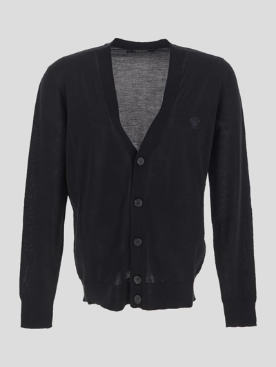 Versace V-neck Knit Cardigan In Black