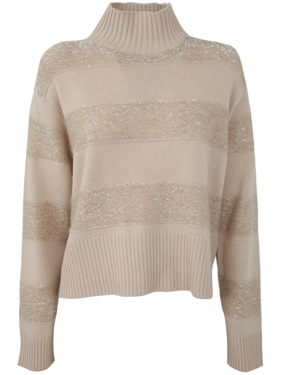 Brunello Cucinelli Stripe Patterned Knitted Sweater In Beige