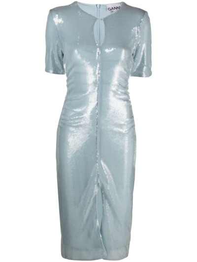 Ganni Ice Blue Sequins Short Sleeve Midi Dress In Ice Water