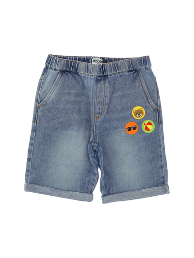 Moschino Kids' Stretch Cotton Denim Shorts W/ Patch In Blue