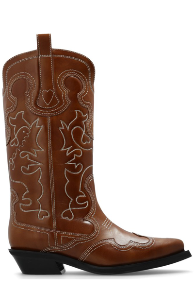 Ganni Embroidered Western Boots In Brown