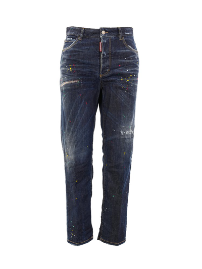 Dsquared2 Paint Splatter Printed Distressed Jeans In Blue