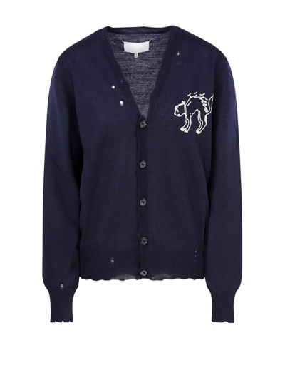 Maison Margiela Embroidered-cat Wool Cardigan In Blue