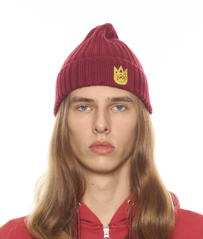 Cult Of Individuality Knit Hat With Oriole And Safety Yellow In Garnet In Red