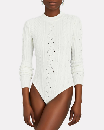 Ronny Kobo Cache Open Back Cable Knit Bodysuit In White