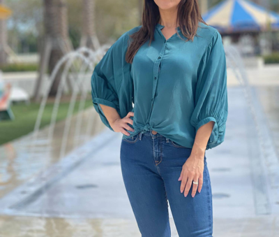 Maven West 3/4 Bellowed Sleeve Button Blouse In Teal In Blue