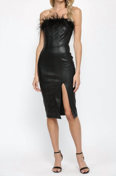Fate Lola Faux Leather Strapless Dress With Feather Trim In Black