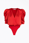 ADELYN RAE LILA WRAP-EFFECT SATEEN BODYSUIT IN CHILI RED