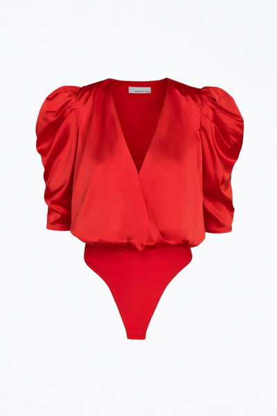 Adelyn Rae Lila Wrap-effect Sateen Bodysuit In Chili Red