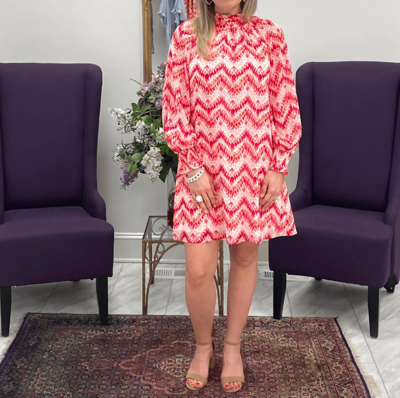 Jade Cinched Neck Red Ikat Dress In Multi